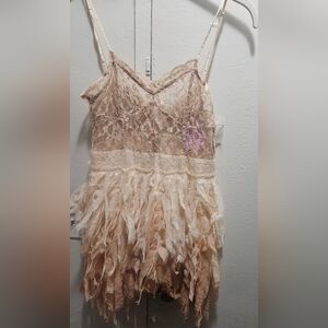 Free People Lace and Feather Mini Dress - Cream and Tan